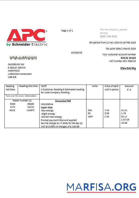 Realistic United Kingdom APC electricity business utility bill template in Word and PDF formats
